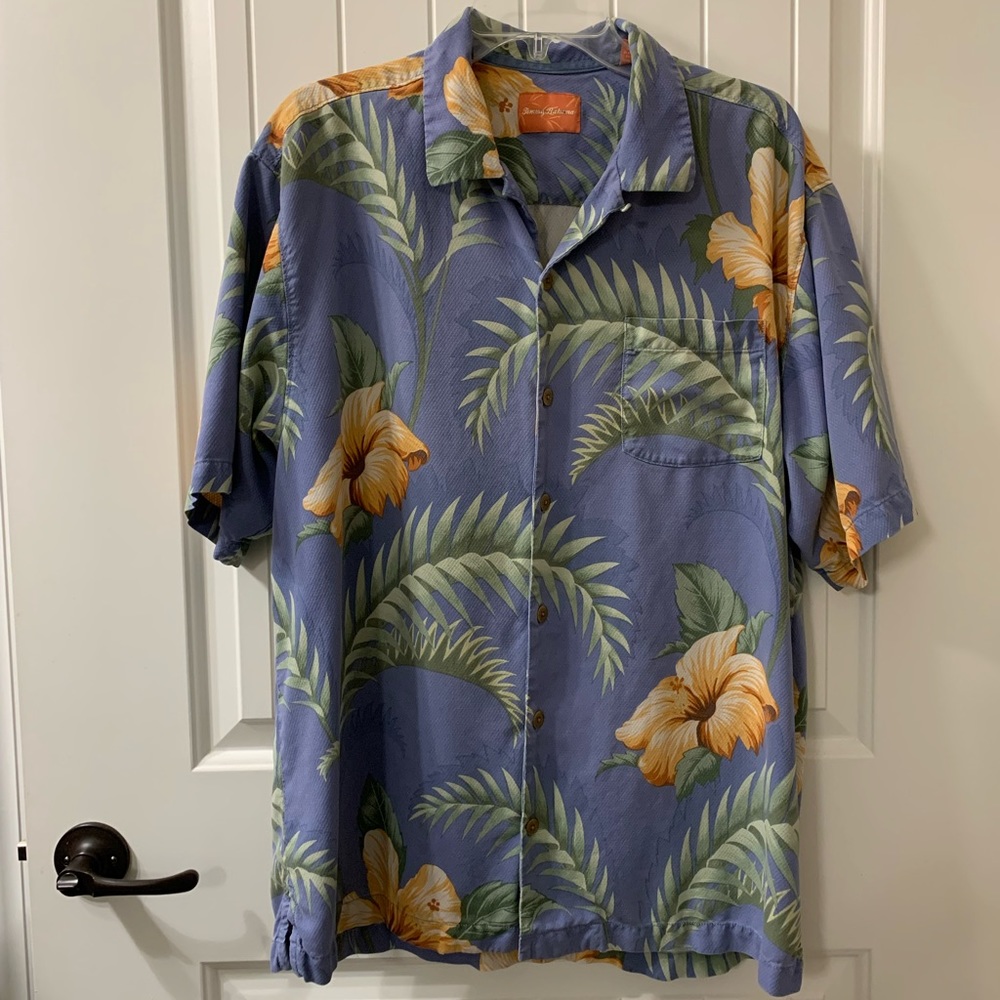 TOMMY BAHAMA Hawaiian Aloha Tropical Floral Hibiscus Palm Blue Camp Shirt Silk L